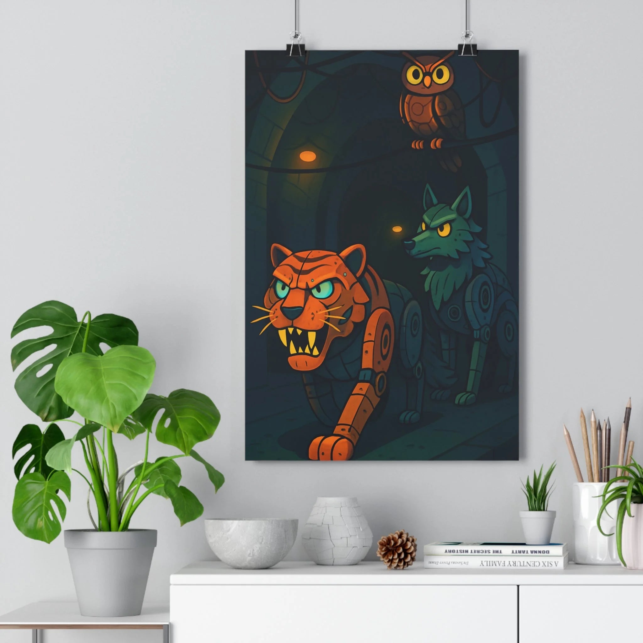 Poster décoratif sombre mécanique tigre loup hibou intrigant chambre gamer moderne design captivant unique