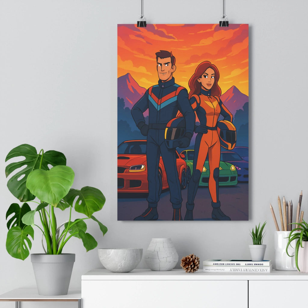 Poster décoratif cartoon orange bleu voiture montagne aventure chambre salon dynamique coloré vibrant tendance