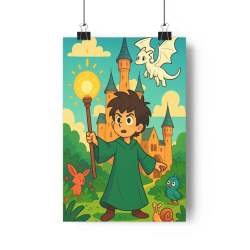 Poster enfant sorcier dragon blanc animaux château paysage champêtre ambiance enchantée couleurs vives style cartoon joyeuse décoration chambre