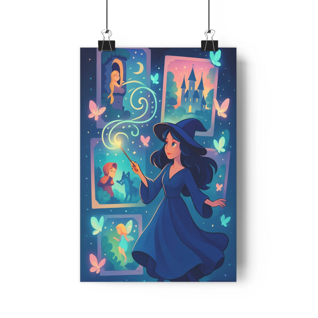 Poster sorcière robe bleue baguette magique tableau scènes féminines château lune papillons coeurs ambiance enchantée style cartoon couleurs pastel chambre