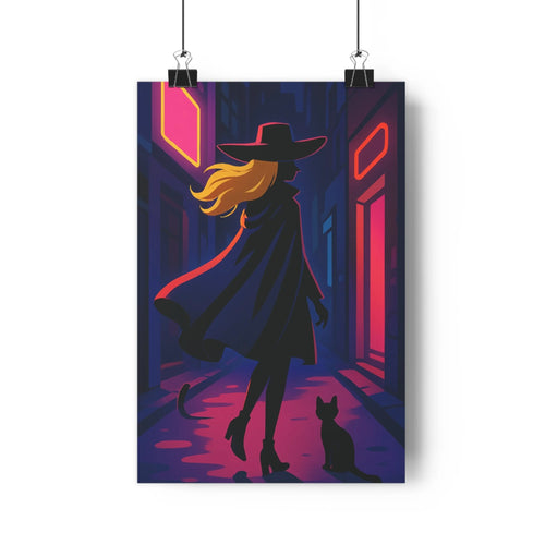 Poster féminine manteau chapeau chat noir néons roses rouges portes fenêtres lumières colorées modernes minimalistes ombres douces mystérieuses élégantes salon