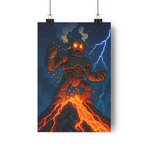 Poster robot géant volcan éruption ciel nuit feu fumée éclair métal intense dramatique salon bureau