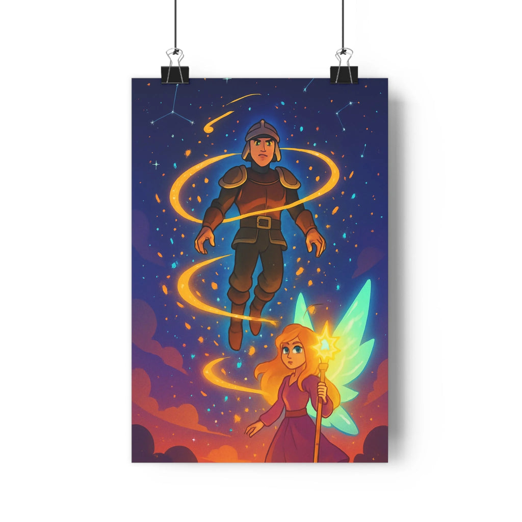 Poster décoratif mystique art céleste bleu orange chambre salon ambiance magique guerrier féminin lumineux