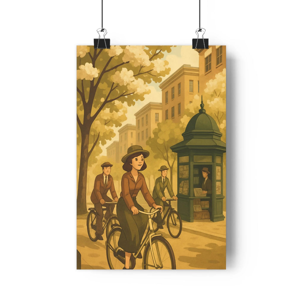 Poster décoratif vintage cartoon beige vert nostalgique paisible salon chambre bureau cycliste urbain rétro