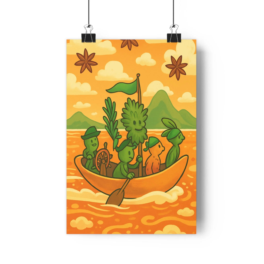 Poster décoratif ingrédients cartoon aventureux orange vert étoiles chambre enfant ambiance joyeuse vibrant unique