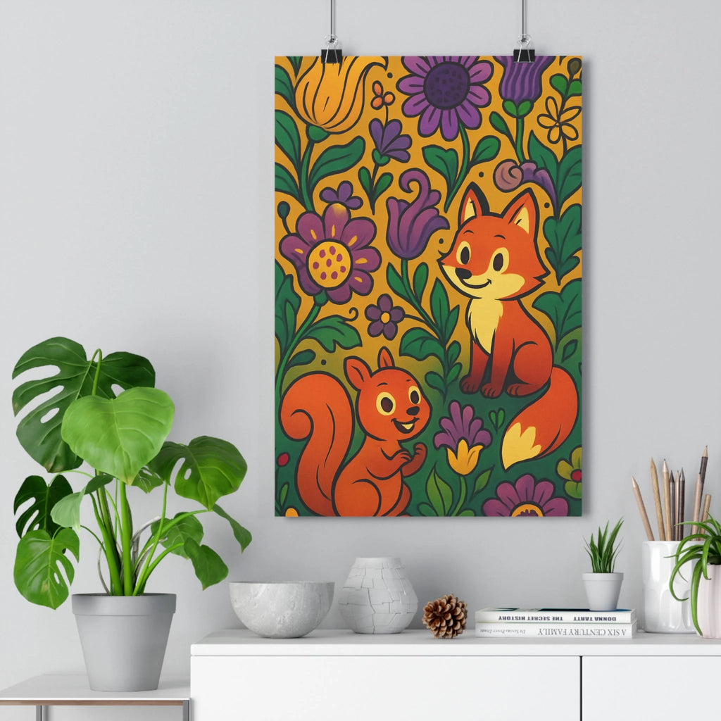 Poster joyeux renard écureuil paysage fleuri tons jaunes verts fleurs colorées style cartoon contours nets ambiance amicale intérieur accueillant