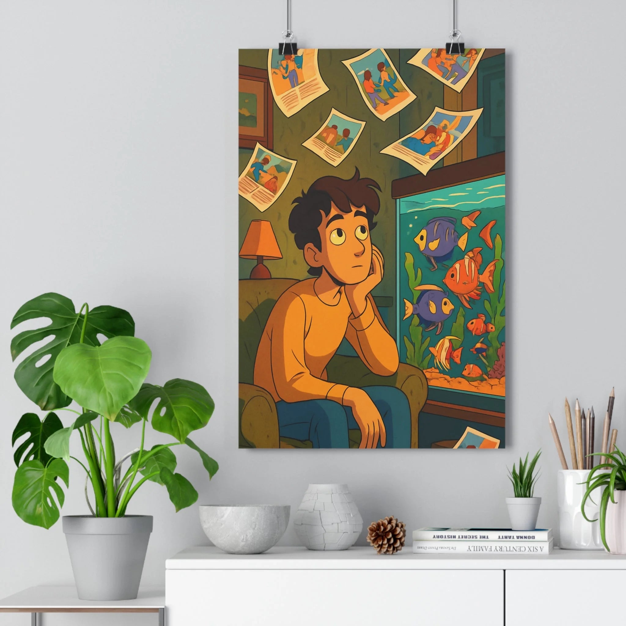Poster décoratif anime coloré contemplatif rêveur salon chambre vibrant artistique jeune homme poissons photos
