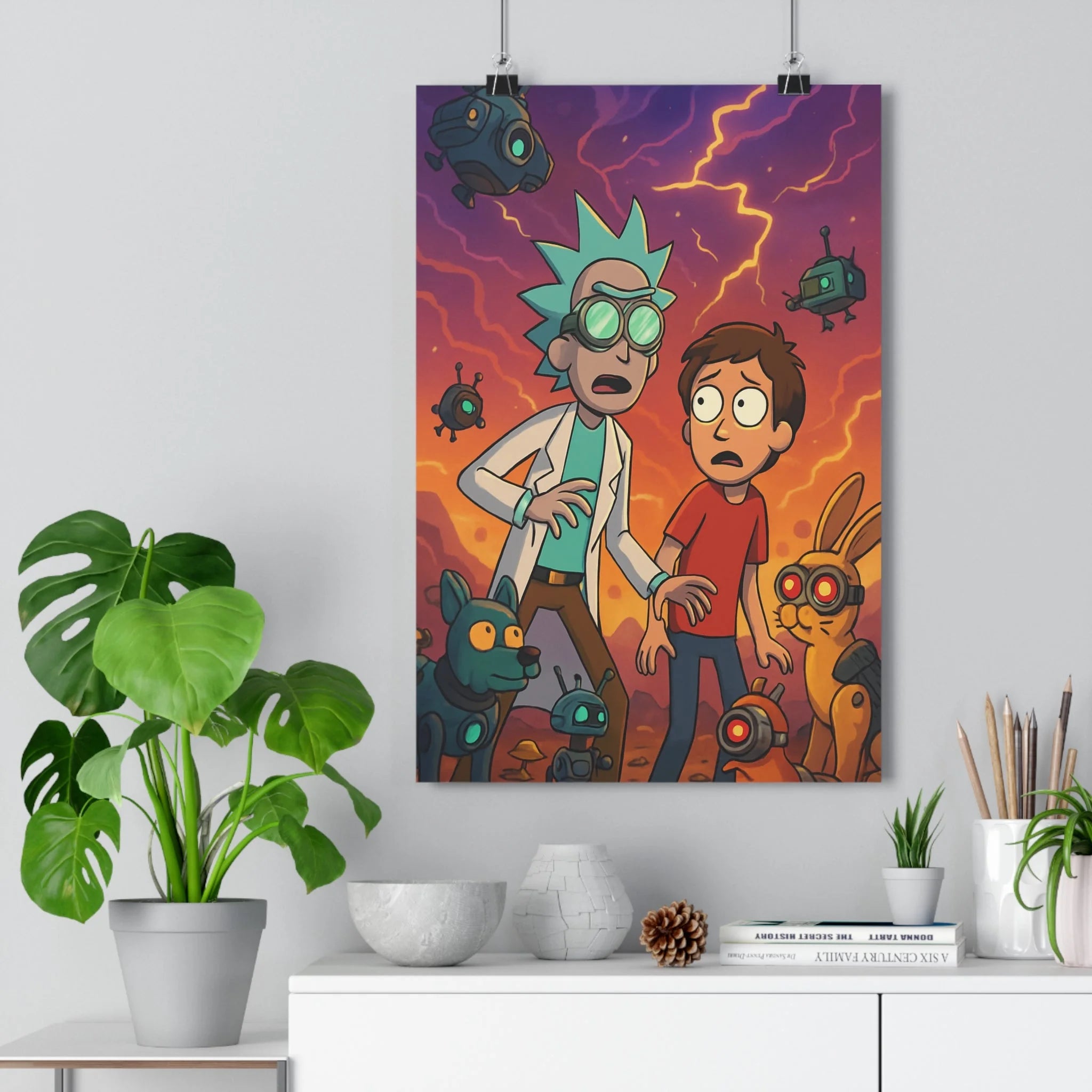 Poster décoratif surréaliste violet jaune cartoon créatures mystique salon chambre enfant unique vibrant qualité