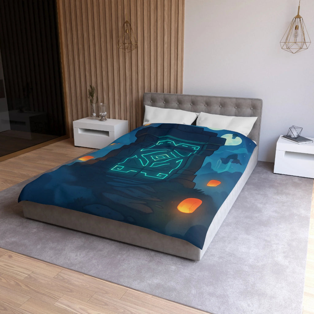 Housse de couette mystérieuse avec portail magique et lanternes flottantes sous ciel étoilé