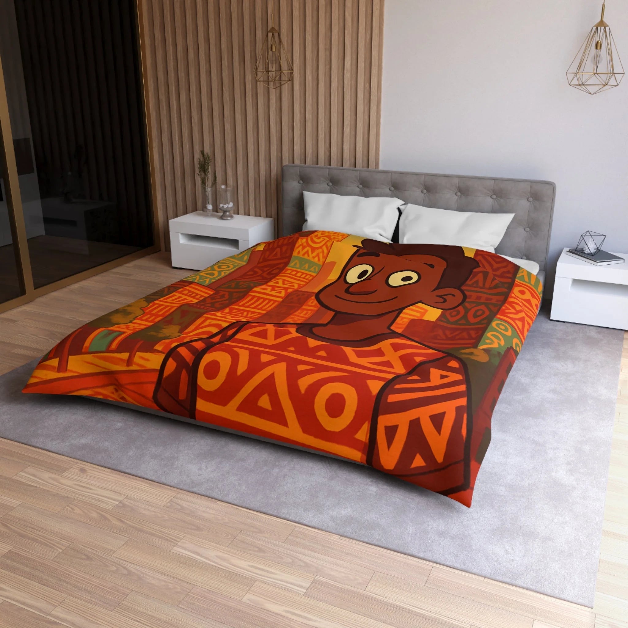 Housse de Couette Personnage Souriant avec Motifs Géométriques et Gratte-Ciel Colorés