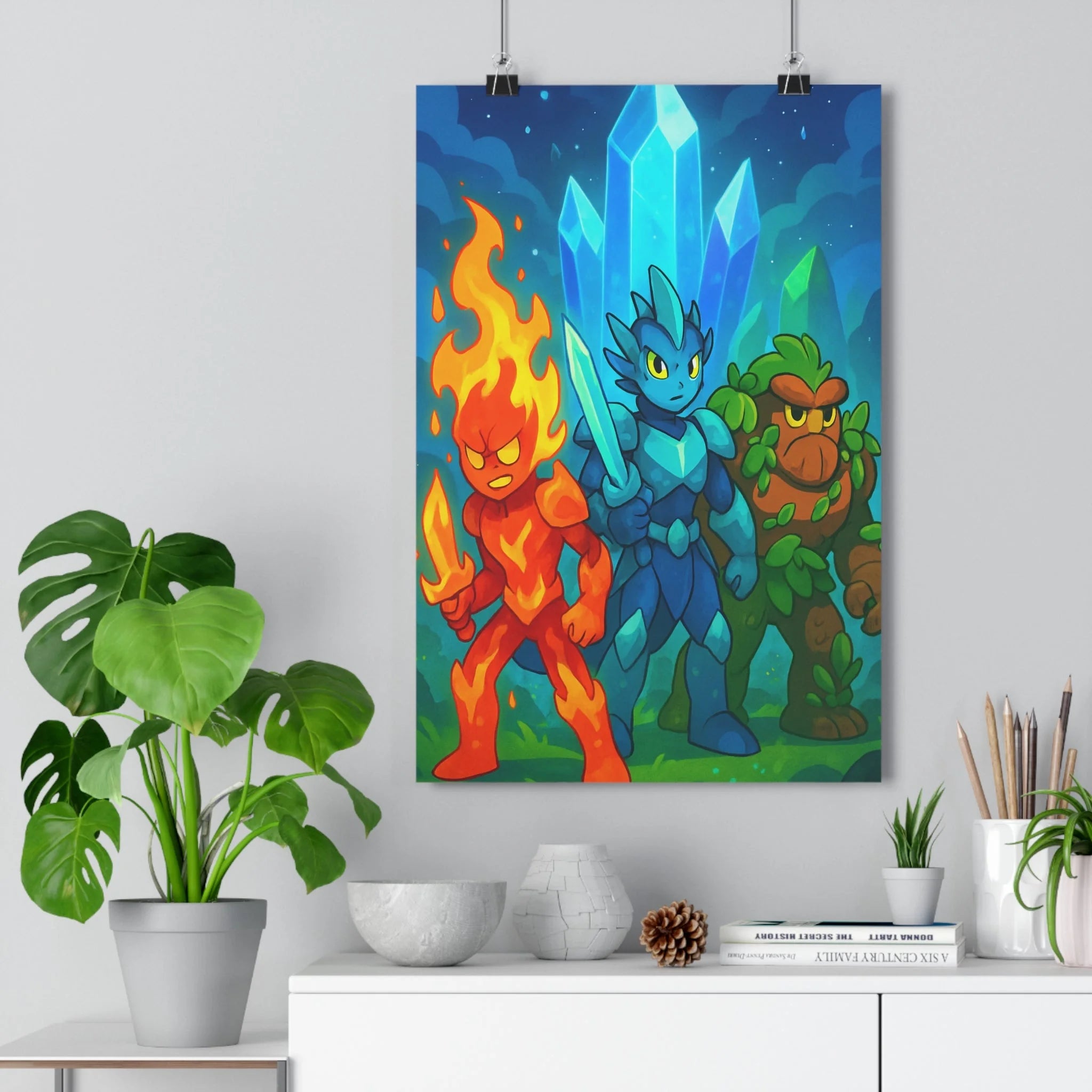Poster décoratif cartoon mystique aventurier chambre enfant bleu vibrant cristal lumineux style fantastique qualité