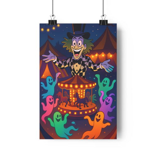Poster vibrant joyeux clown fantômes carrousels tentes cirque lumières dorées couleurs vives ambiance festive style cartoon
