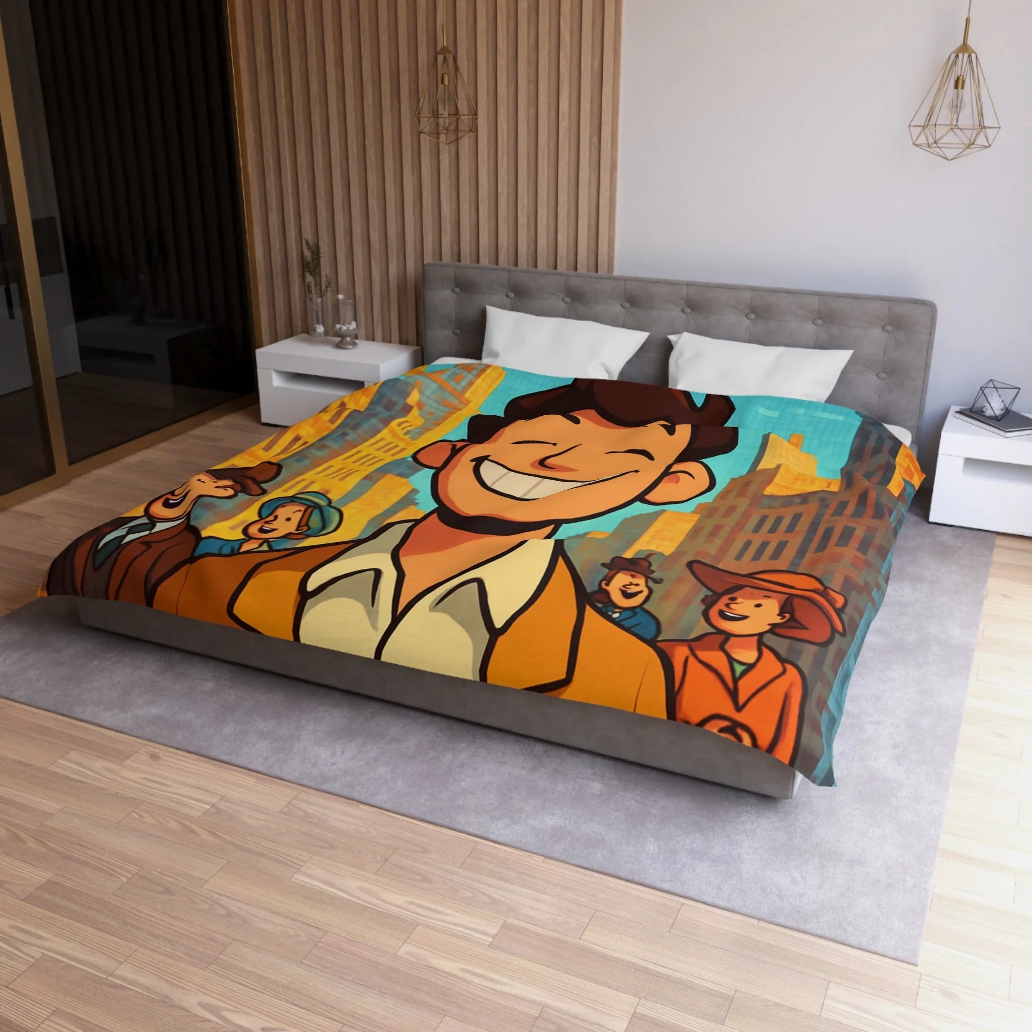Housse de couette vintage avec personnages souriants et architecture urbaine en arrière-plan
