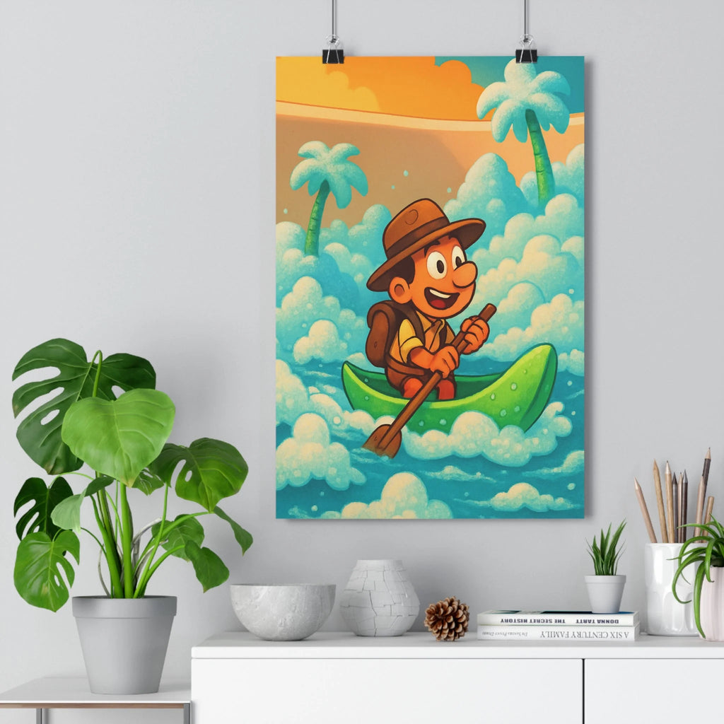 Poster décoratif aventurier bleu vert cartoon exotique joyeux aventure salle bain ambiance mousse 30x46