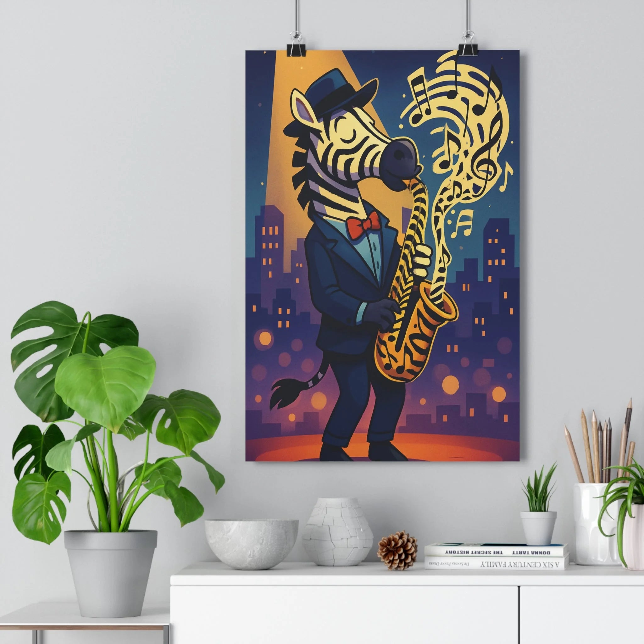 Poster décoratif cartoon zèbre musical noir blanc bleu rouge chambre salon enfant joyeux tendance