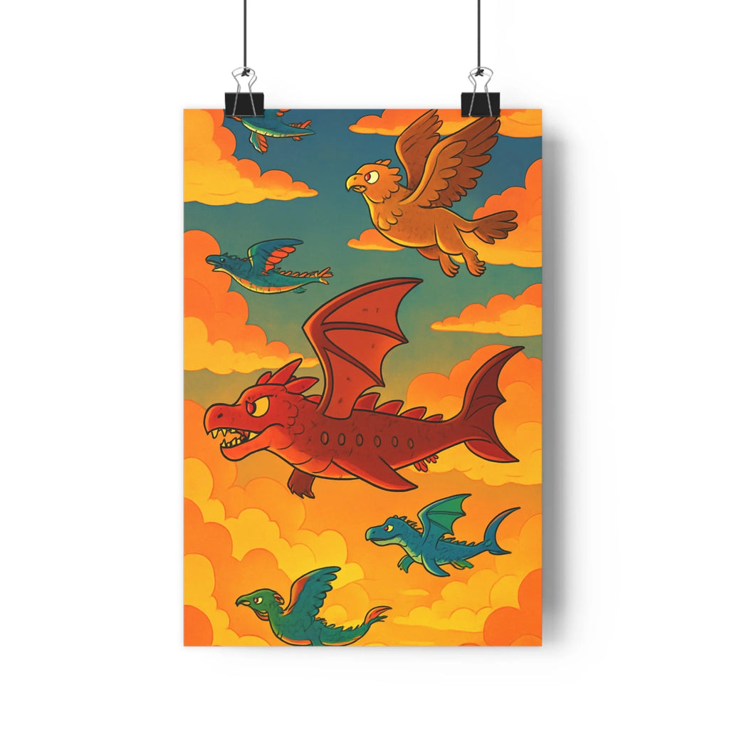 Poster décoratif fantastique dragon rouge oiseaux colorés ciel ensoleillé cartoon vibrant salon chambre aventure