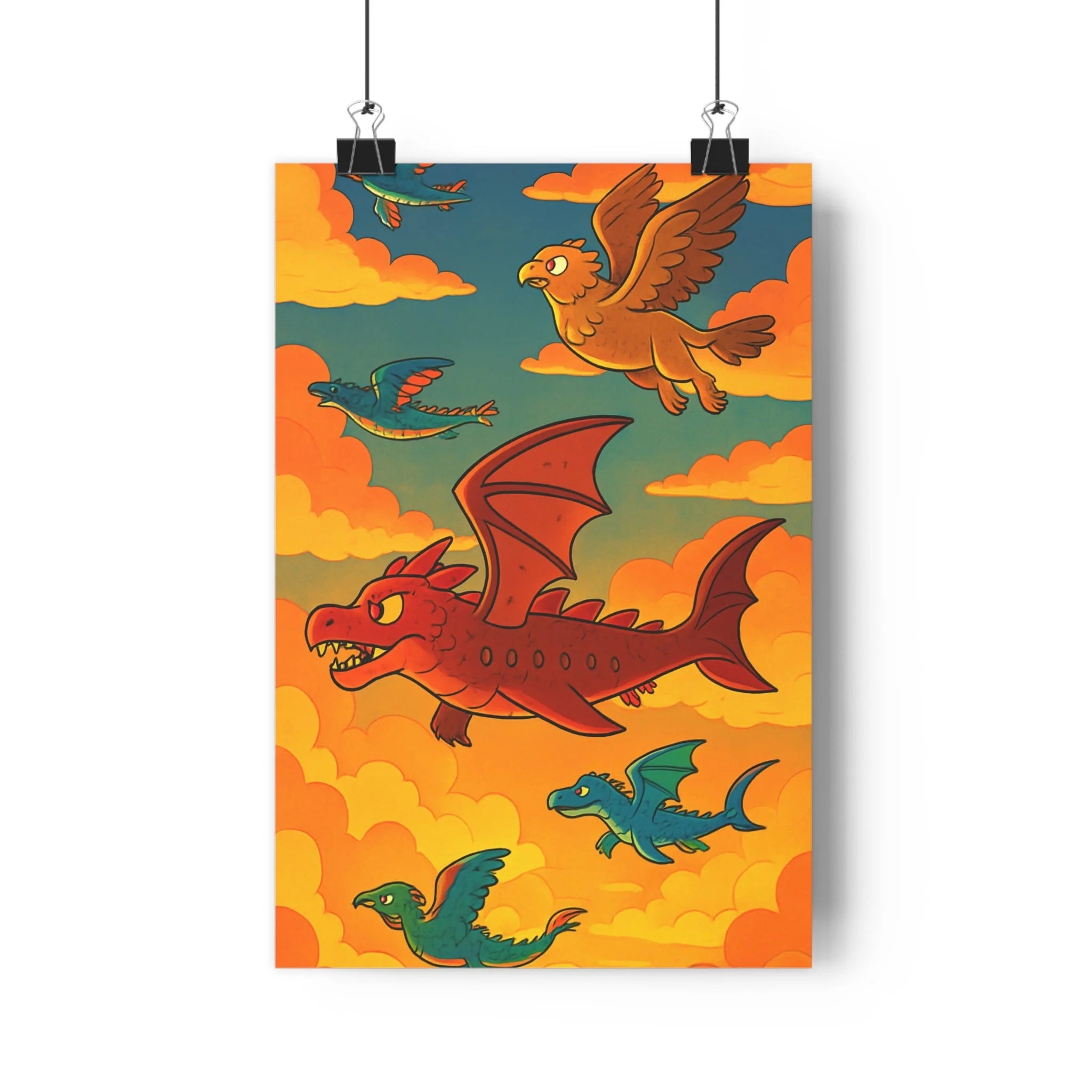 Poster décoratif fantastique dragon rouge oiseaux colorés ciel ensoleillé cartoon vibrant salon chambre aventure