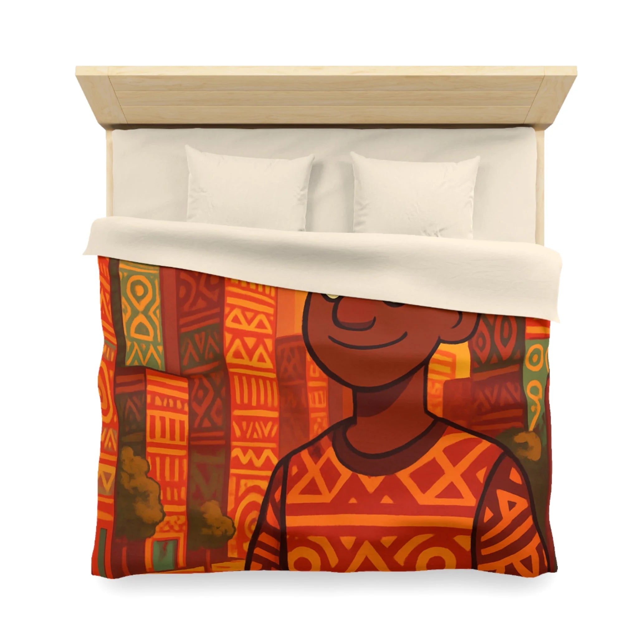 Housse de Couette Personnage Souriant avec Motifs Géométriques et Gratte-Ciel Colorés