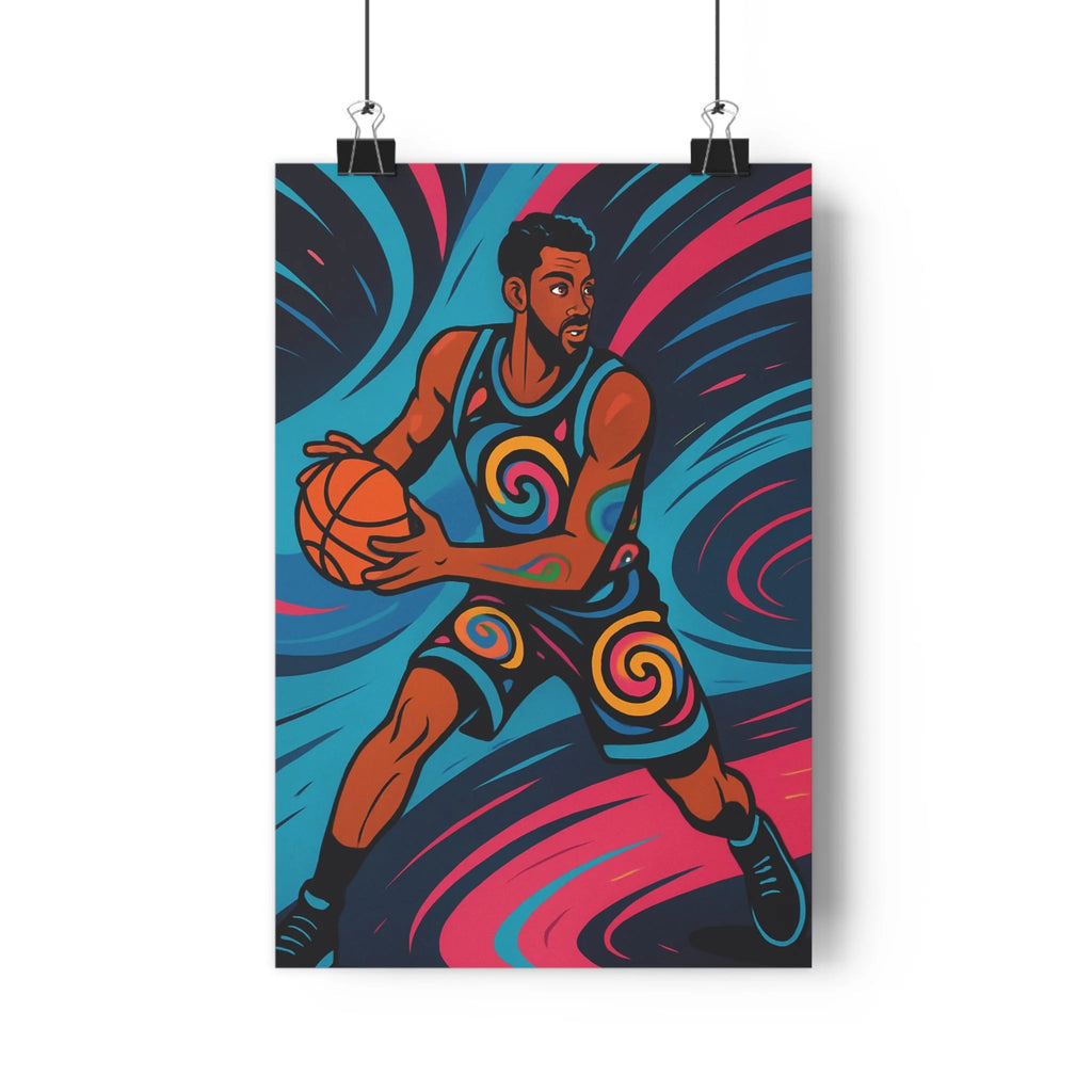 Poster décoratif joueur basketball cartoon dynamique bleu rose orange adolescent chambre énergie mouvement vibrant