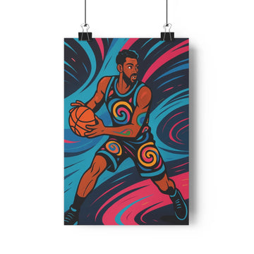 Poster joueur basketball motifs spirales bleu rose ambiance énergique plante verte console blanche boules cône livres style moderne vibrant chambre