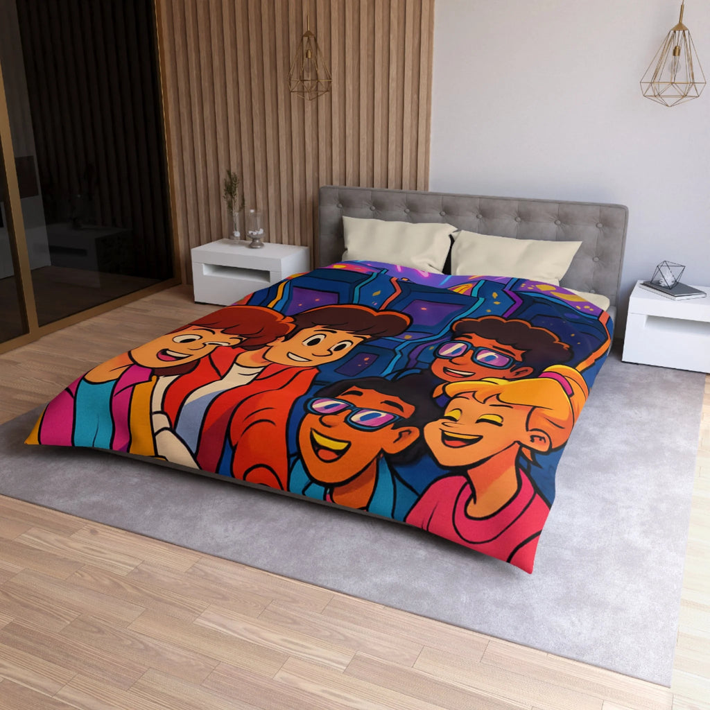 Housse de couette vibrante années 80 avec motifs arcades et ambiance rétro lumineuse