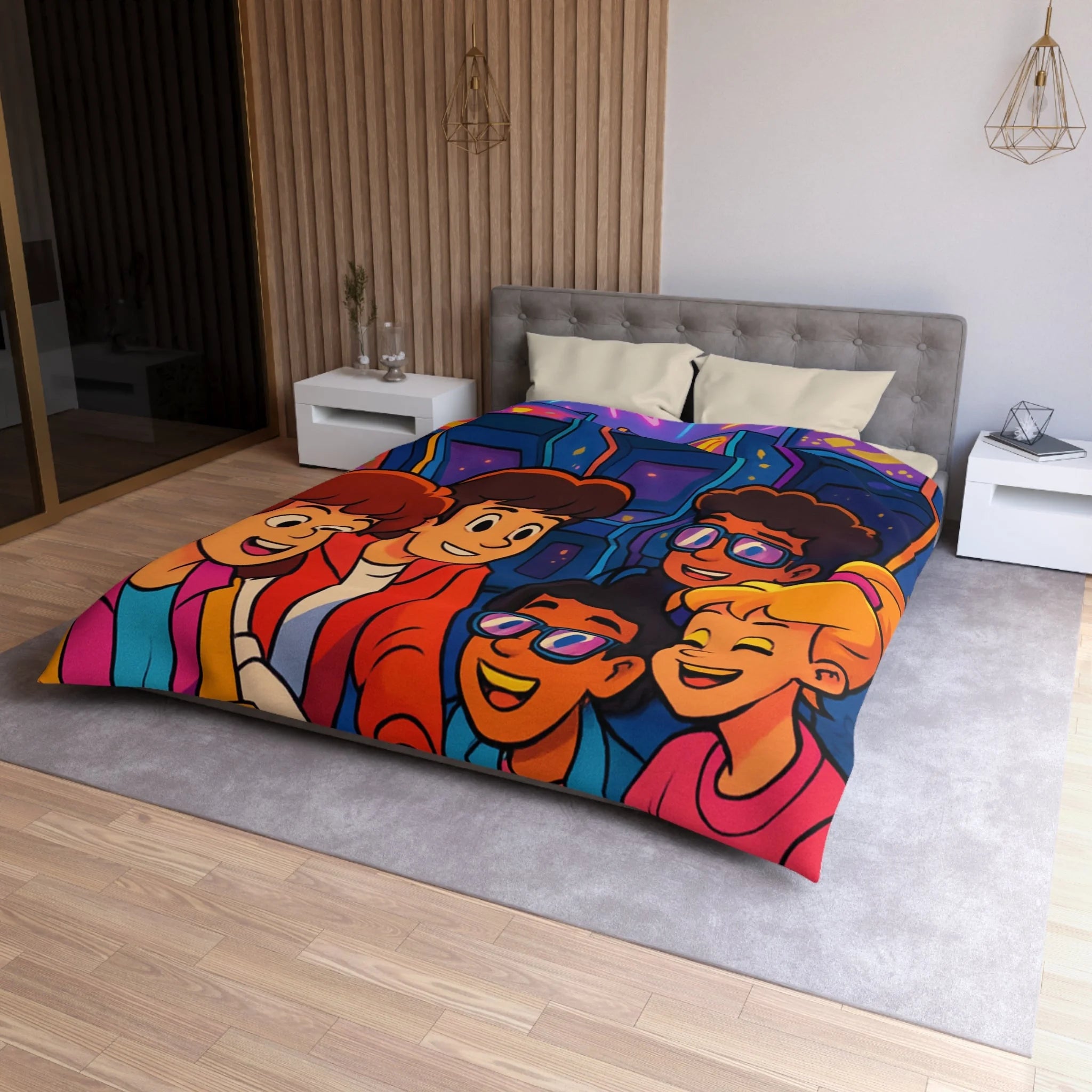 Housse de couette vibrante années 80 avec motifs arcades et ambiance rétro lumineuse