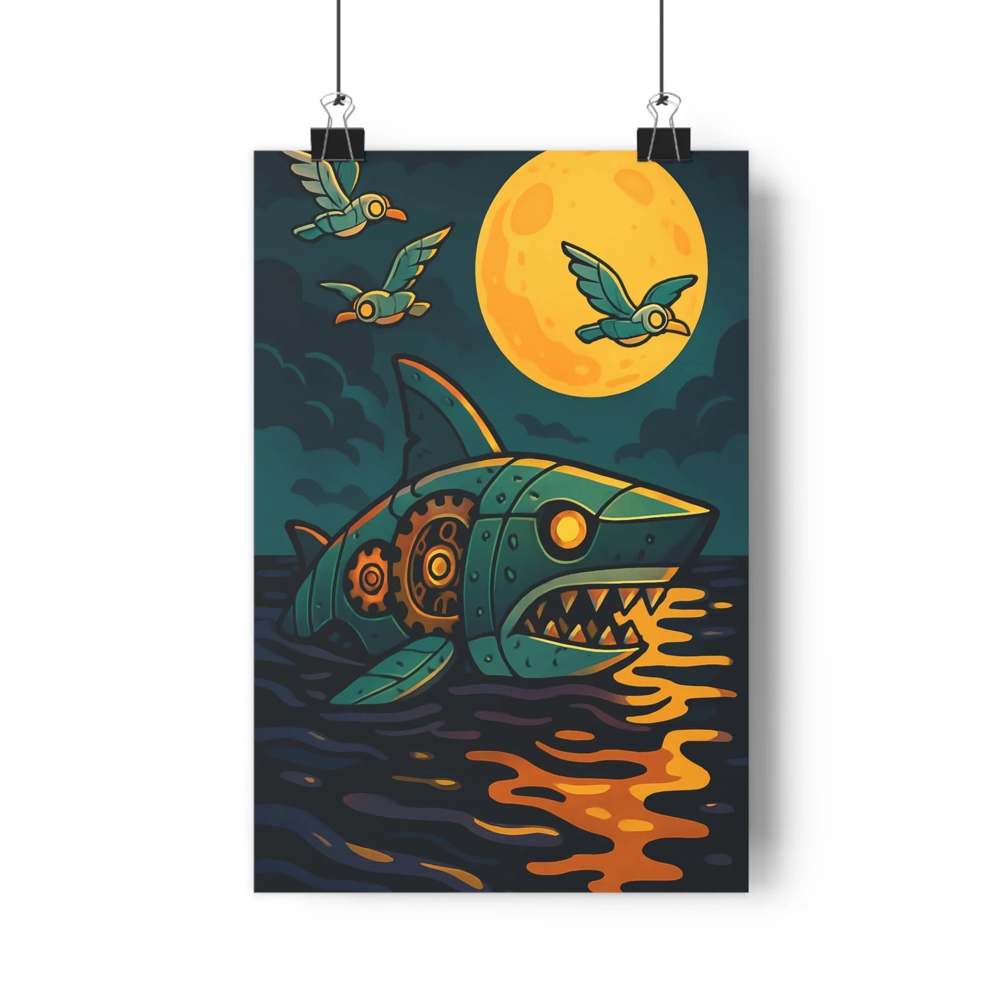Poster décoratif steampunk requin bleu orange cartoon mystérieux bureau chambre design original tendance unique