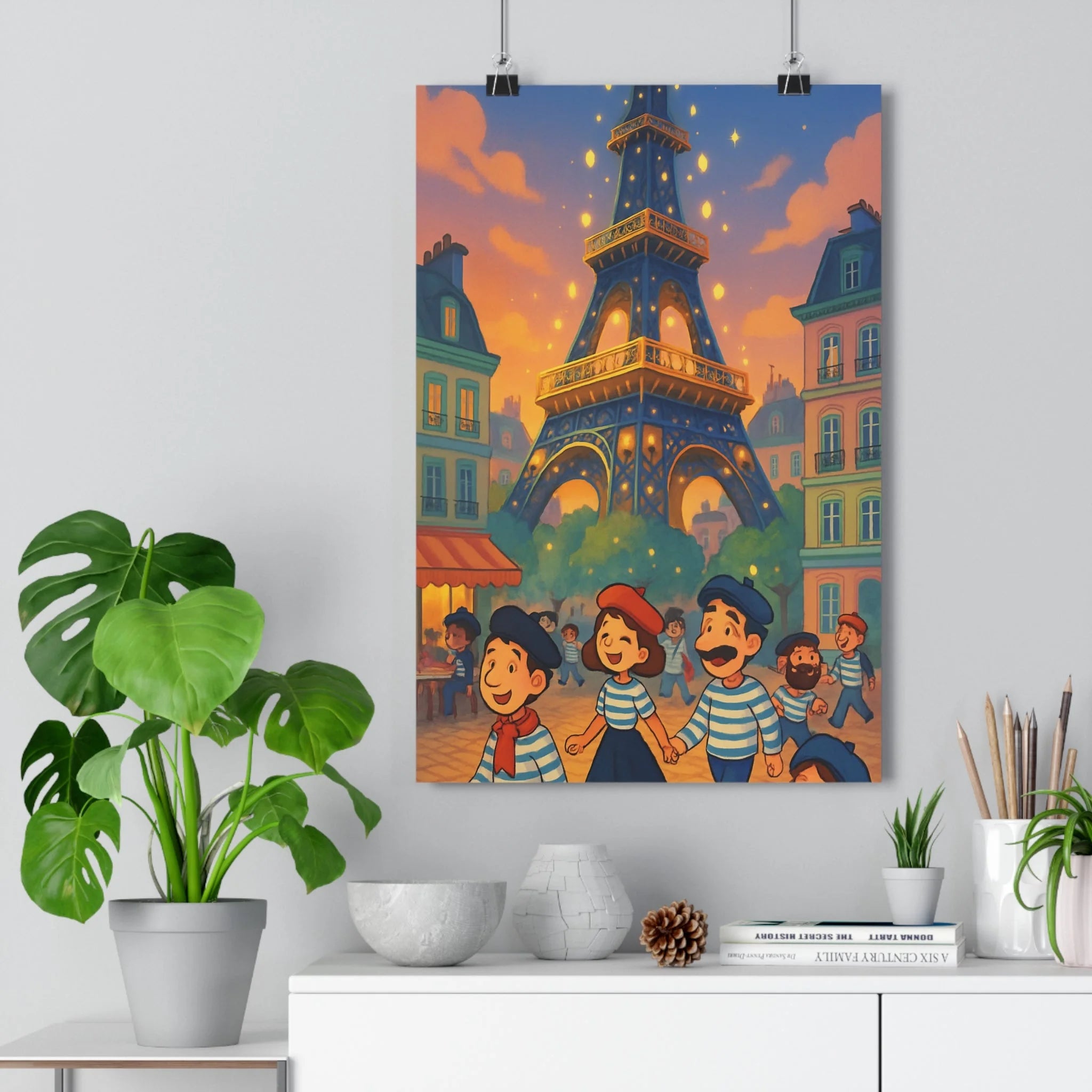 Poster décoratif dessin animé joyeux paris tour eiffel coloré intérieur chambre salon 30x46 ambiance