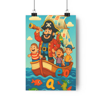 Poster aventure pirate enfants bateau poissons papillon lettres bleu rouge contour net couleurs vives ambiance joyeuse chambre enfant