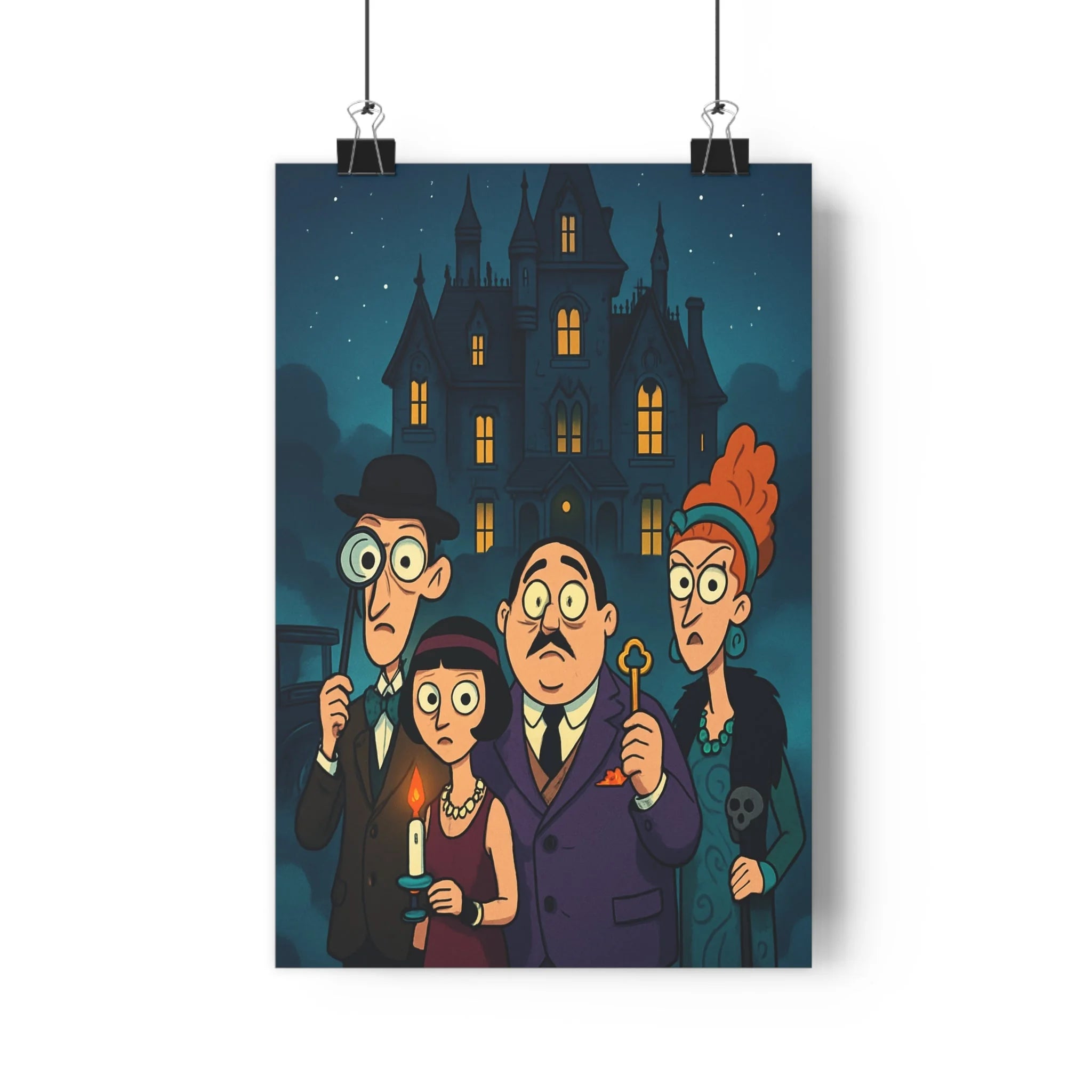 Poster décoratif vintage mystère manoir sombre salon bureau cartoon années bougie clé lumineux étoilé