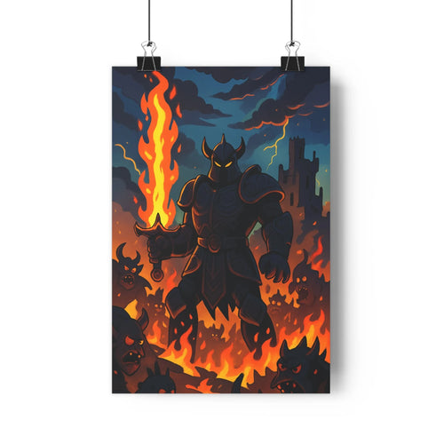 Poster épique guerrier armure noire cornes flammes château nuages sombres foudre démons intense dramatique salon chambre