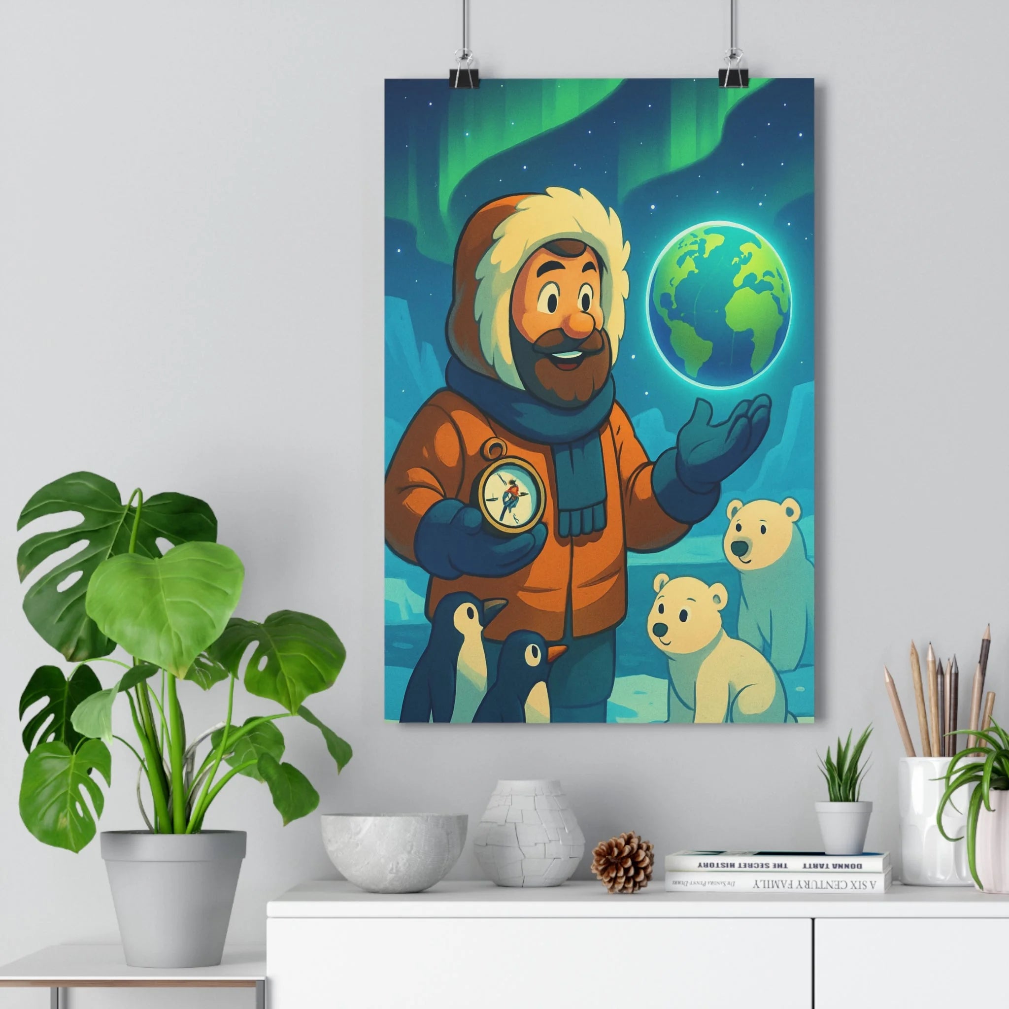 Poster décoratif cartoon aventure bleu blanc chambre enfant chaleureux explorateur polaire pingouin ourson boussole