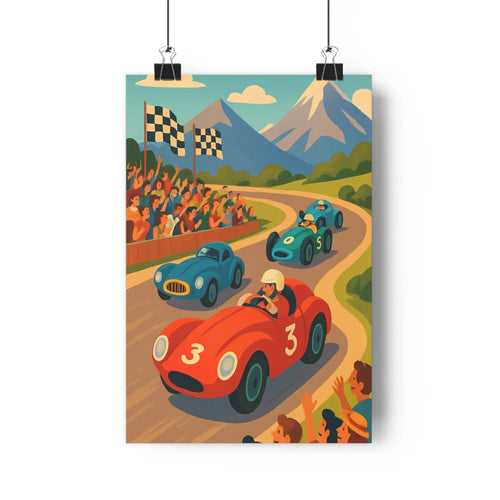 Poster course automobile retro vehicules rouges bleus spectateurs arbres montagnes ciel nuages festif dynamique salon bureau