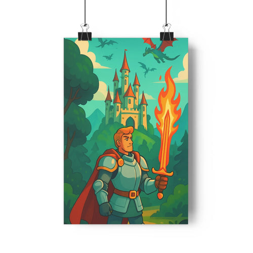 Poster épique chevalier armure épée dragon château tours paysage verdure montagne ambiance dynamique cartoon chambre salon