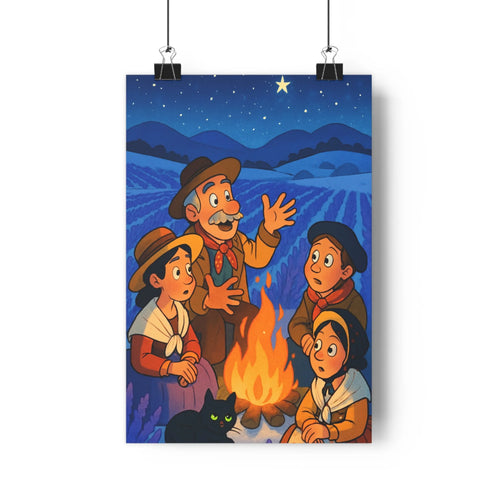 Poster nuit feu étoiles montagne personnages bleu orange traditionnel cartoon chaleureux épuré salon chambre