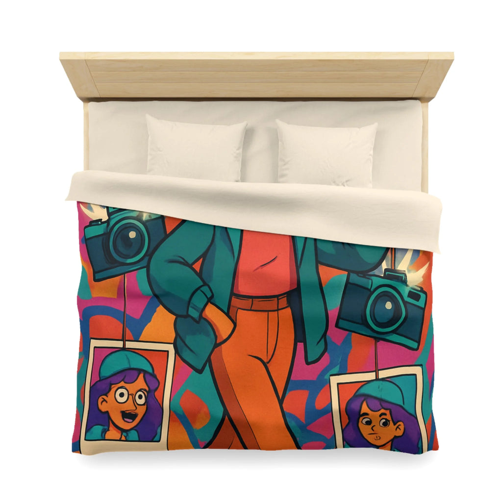 Housse de couette vivante avec personnage stylé marchant dans ambiance artistique colorée et ludique