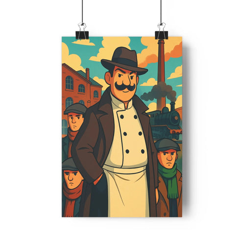 Poster industrie urbaine manteau cravate chapeau personnages sociales cheminée fumée couleurs vives style cartoon ombres douces ambiance professionnelle salon chambre