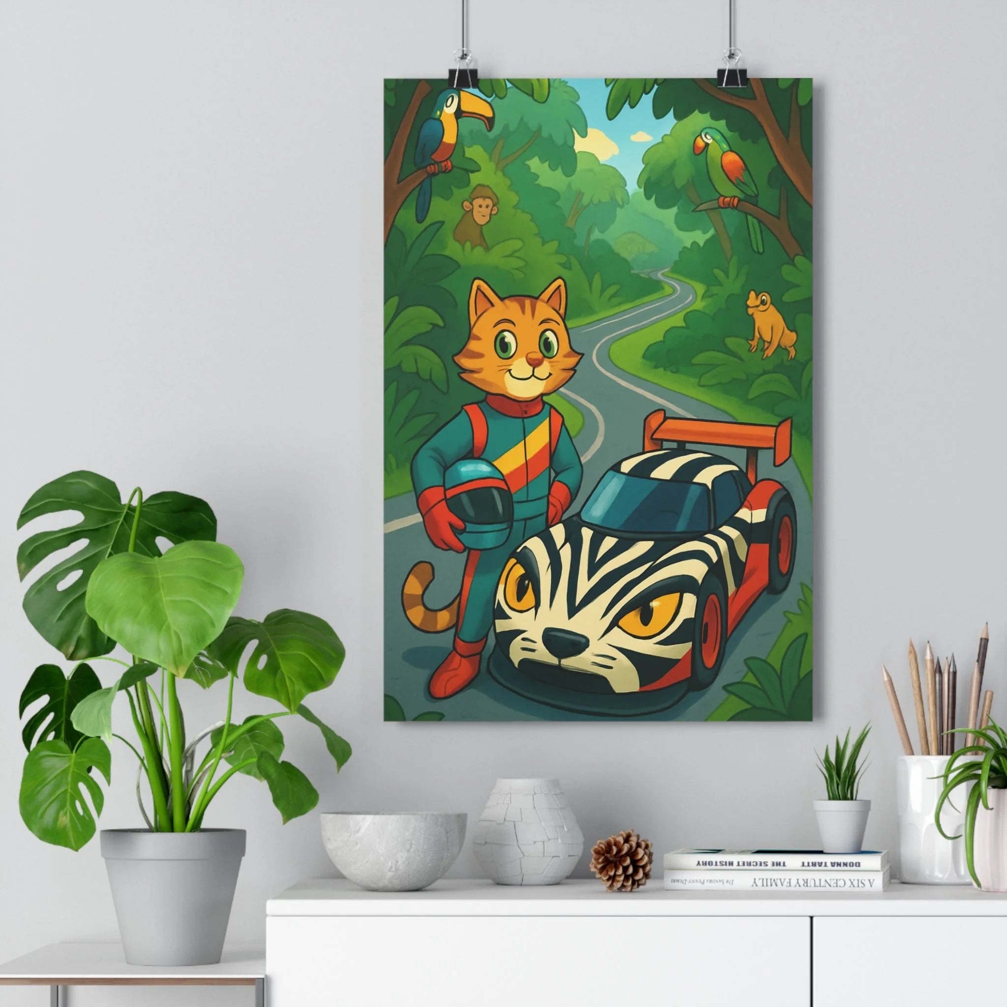 Poster décoratif cartoon coloré joyeux chambre enfant aventure nature chat forêt course voiture qualité