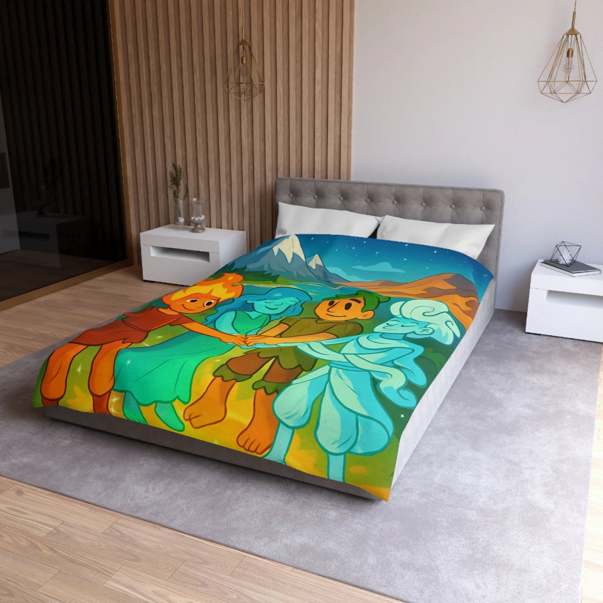 Housse de Couette Nature Enchantée avec Éléments Terre, Feu, Air et Eau Unifiés