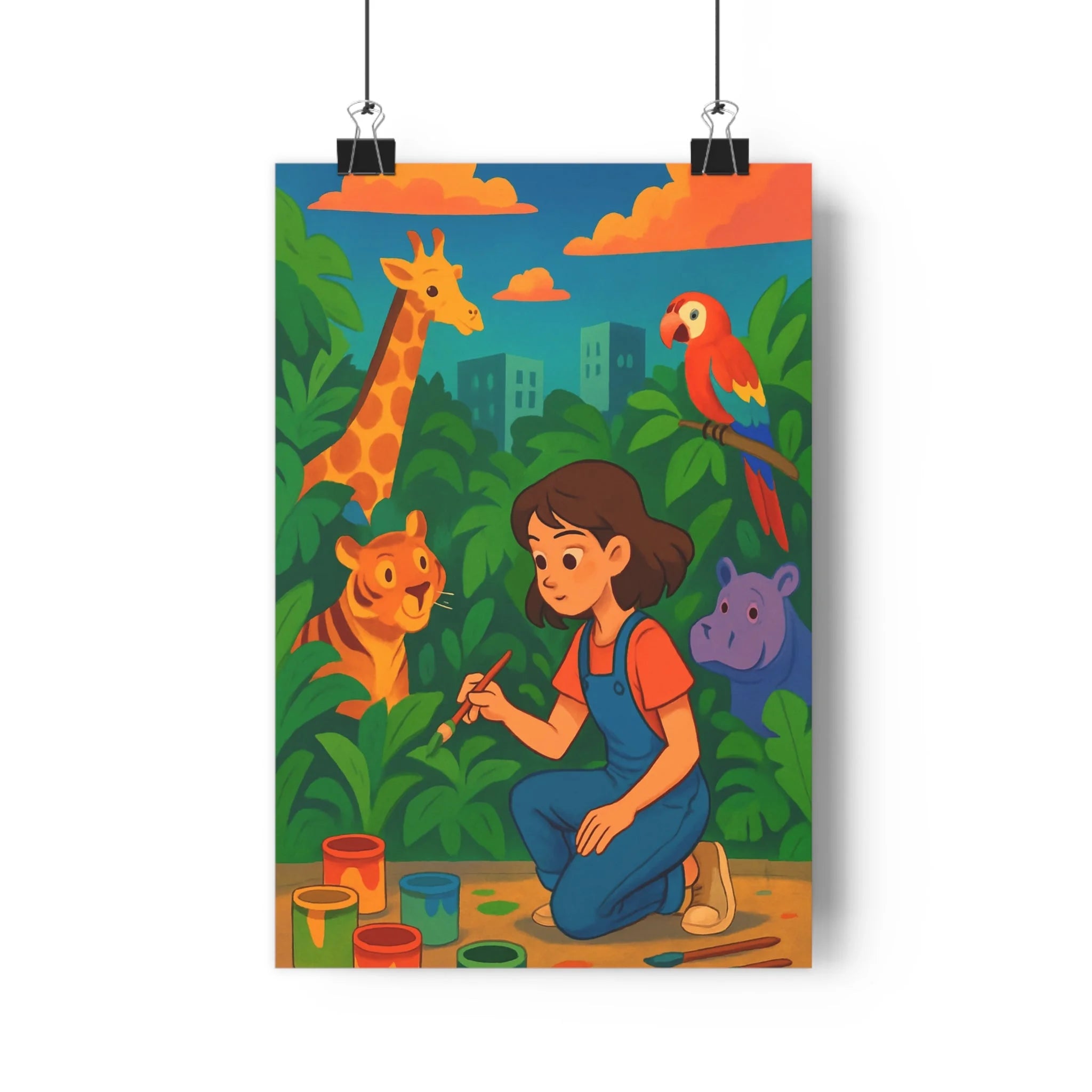 Poster décoratif enfant coloré cartoon joyeux chambre créatif girafe tigre perroquet hippopotame 30x46 qualité