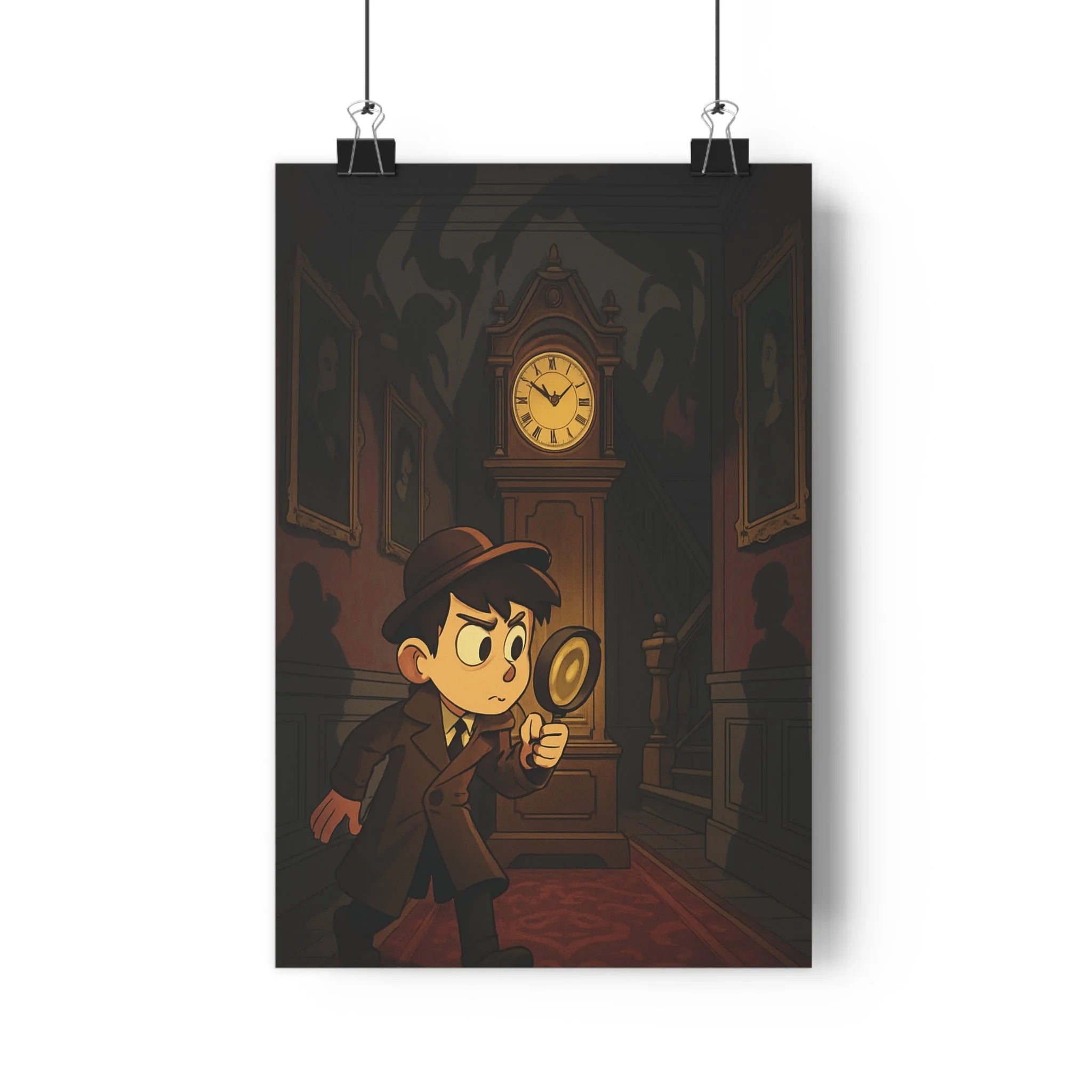 Poster décoratif détective mystérieux manoir sombre gothique horloge portraits vintage salon ambiance énigmatique qualité