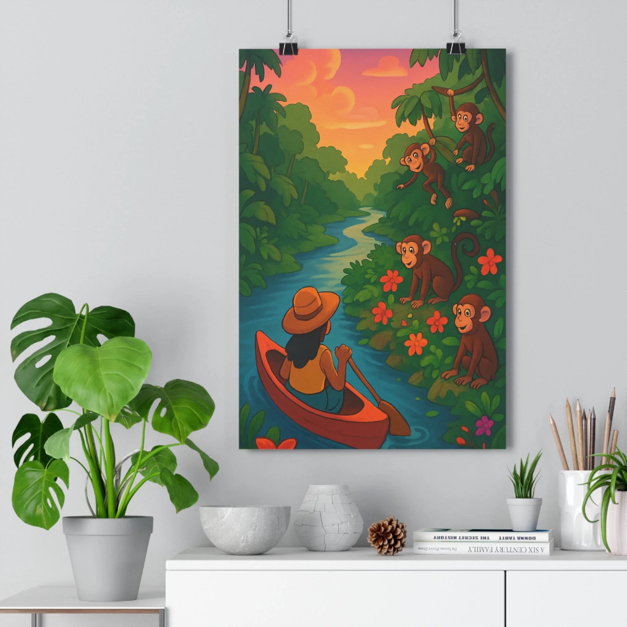 Poster décoratif cartoon mystère jungle vert orange aventure chambre enfant salon vibrant joyeux qualité