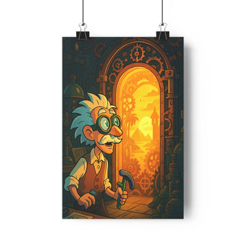 Poster steampunk inventeur lunettes moustache marteau chemise gilet pantalon fond porte mécanismes roues dentées paysage pyramides ciel orange plantes vertes