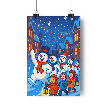 Poster hiver enfants neige lanternes guirlandes lumières chaudes maisons festives ambiance joyeuse cartoon chambre salon