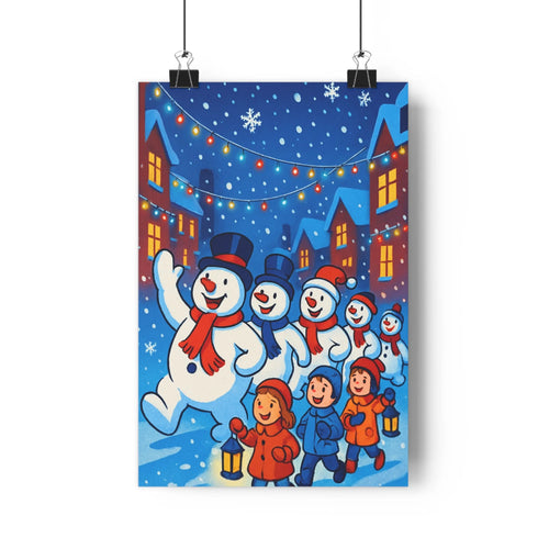 Poster hiver enfants neige lanternes guirlandes lumières chaudes maisons festives ambiance joyeuse cartoon chambre salon