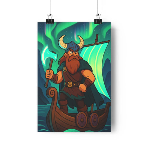Poster viking guerrier barque hache cornes dorées cape nuage bleu vert aurore boréale montagnes sombres ambiance mystérieuse légendaire cartoon chambre