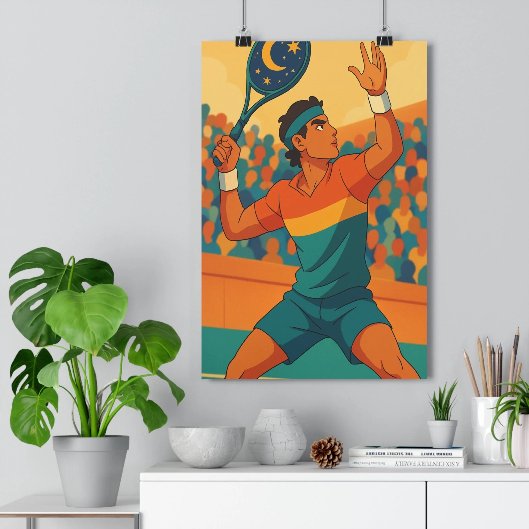 Poster décoratif cartoon tennis joueur vibrant sport dynamique couleurs multicolores chambre salon 30x46 cm