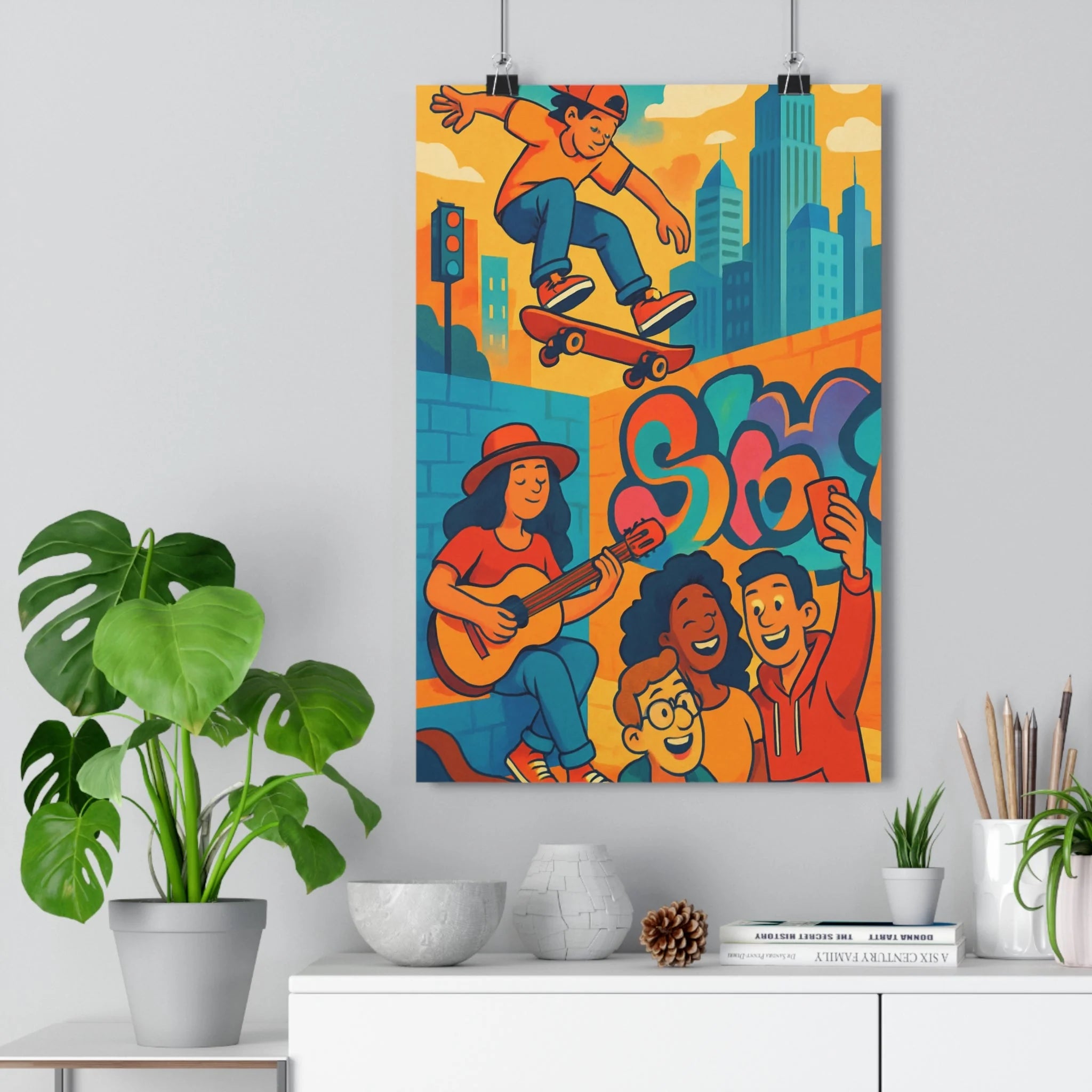 Poster décoratif aventure urbaine skateur anime moderne orange bleu dynamique salon chambre 30x46 cm