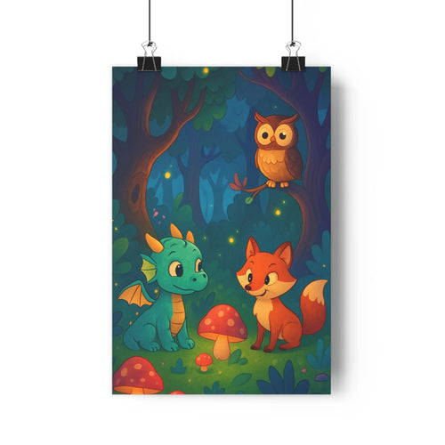 Poster forestier nuit dragon renard chouette arbres champignons feuilles vert vif rouge cartoon joyeux tranquille camarade chambre salon