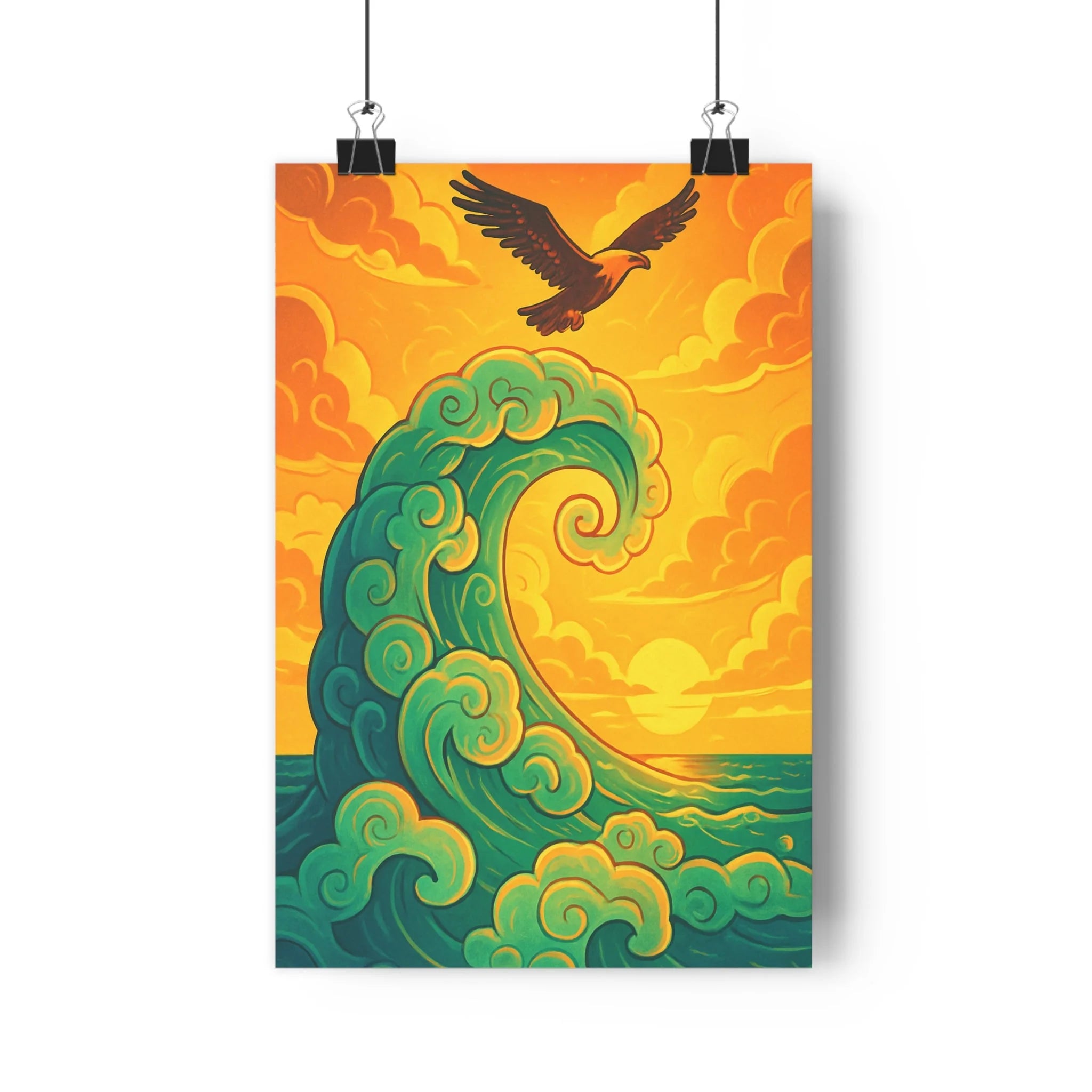 Poster décoratif dessin animé vague aigle pastel orange vert bureau salon dynamisme apaisant qualité